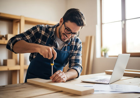 A man wearing a blue apron and glasses smiles as he screws a wood plank at a light wood workbench. A laptop and papers are nearby. He wears a blue and white flannel shirt. The scene is indoors, possibly a workshop, with a window and shelf in the background.の素材