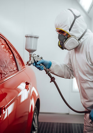 A person in a white protective suit and mask is spray painting a red car. The person is holding a spray gun with blue gloves. The car is partially covered with protective film.の素材