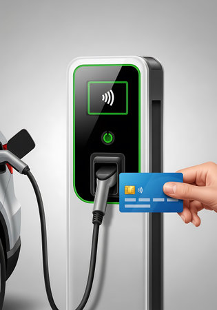 A close-up view of an electric car charging station. A hand holds a blue credit card near the station's payment interface. The station is white with green accents and a black display. A charging cable is plugged into the car.の素材