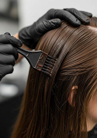 A person wearing black gloves applies brown hair dye to long brown hair with a black brush. The hair is wet and the dye is visible on the brush and hair.の素材