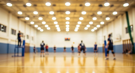 Blurred view of a volleyball game in a gymnasium. Players are visible on the court under bright ceiling lights. The wooden floor reflects the light. A blue and white color scheme dominates the walls.の素材