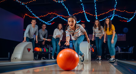 A young girl bowls an orange ball down a lane at a bowling alley. Her friends stand behind her, cheering her on. The bowling alley has colorful lights and a wooden floor.の素材