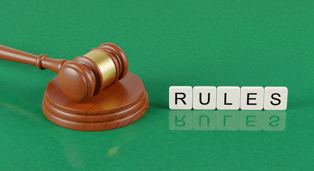 A wooden gavel with a gold band rests on its sound block next to white tiles spelling out the word RULES. The objects sit on a green surface that reflects the tiles.の素材