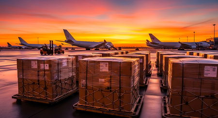Cargo pallets wrapped in clear plastic are lined up at an airport tarmac. Forklifts are visible in the background with airplanes under an orange and yellow sunset sky.の素材