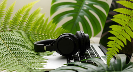 Black headphones rest on a silver laptop keyboard surrounded by green fern and monstera leaves. The composition is a close up still life with a focus on the headphones and the surrounding foliage.の素材