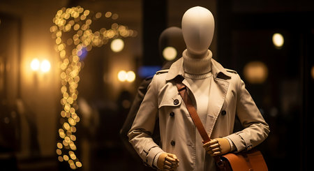 A mannequin in a beige trench coat and cream turtleneck sweater stands in a store window, accessorized with a brown leather shoulder bag. Bokeh lights add a festive touch to the background.の素材