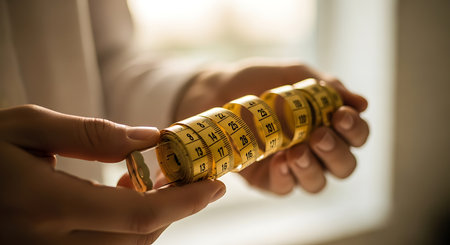 A close-up shot of a yellow measuring tape being held in two hands. The tape is coiled and shows various measurements in centimeters and inches.の素材