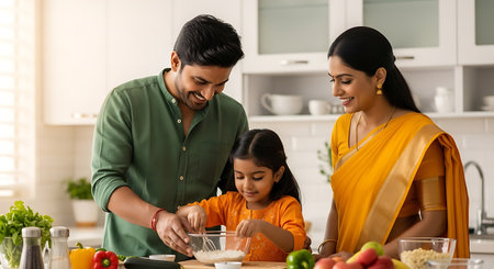 A happy Indian family is cooking together in a modern kitchen. The father and daughter are mixing ingredients in a bowl, while the mother smiles and watches. They are surrounded by fresh vegetables and fruits.の素材