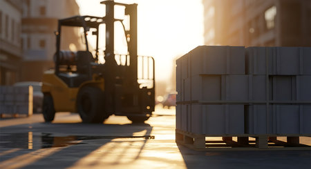 A forklift stands in the background with a pallet of boxes in the foreground, bathed in the warm light of the setting sun on a city street.の素材
