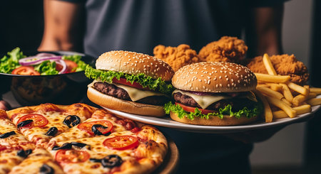 A person holds a feast of fast food, including two cheeseburgers, fried chicken and fries, a pizza with tomatoes and olives, and a fresh salad.の素材
