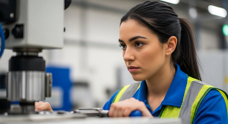 A focused female factory worker in a blue uniform and safety vest operates industrial machinery in a manufacturing setting.の素材