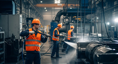 Three factory workers wearing hard hats and safety vests are cleaning heavy machinery with pressure washers in a large industrial setting.の素材