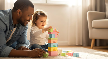 A loving father and his young daughter are playing together on the floor, building a tower with colorful blocks. They are both smiling and enjoying their time together.の素材