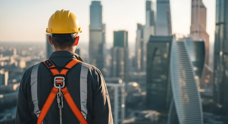 A construction worker wearing a hard hat and safety harness looks out over a modern cityscape with numerous skyscrapers.の素材