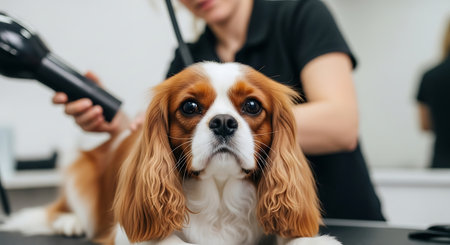 A Cavalier King Charles Spaniel is being groomed at a dog salon. The dog is looking directly at the camera while a groomer uses a hair dryer on its fur.の素材