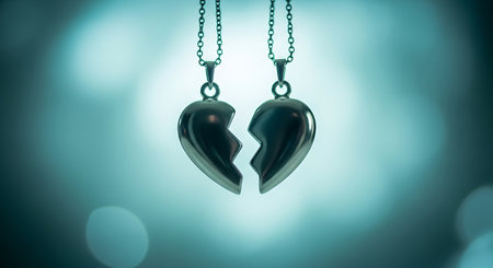Two halves of a silver broken heart pendant hang from chains against a blurred turquoise background. The image evokes feelings of loss, separation, and heartache.の素材