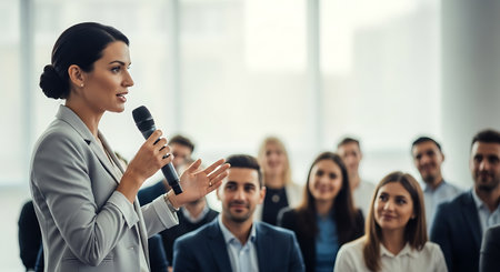 A businesswoman delivers a presentation to an attentive audience. She is holding a microphone and gesturing with her hand. The audience is diverse and engaged.の素材