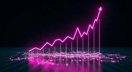 A vibrant pink neon line graph shows an upward trend, symbolizing growth and success. The graph is set against a dark background with a connected network of points, suggesting digital data and technological advancement.の素材