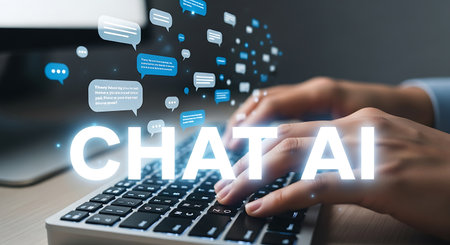 A person typing on a keyboard with "CHAT AI" overlaid in bright white text. Blue chat bubbles float above, representing digital conversation and artificial intelligence.の素材