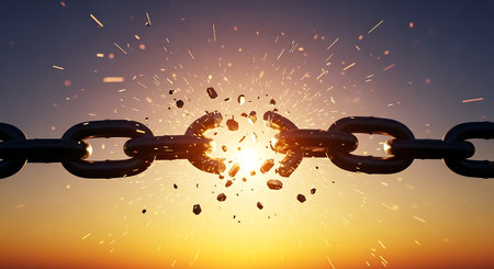 A chain link breaks apart in a burst of light against a sunset sky, symbolizing freedom and overcoming obstacles.の素材