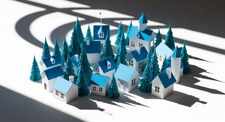 A miniature village crafted from paper, featuring white houses with blue roofs and blue paper trees. The scene is bathed in sunlight, casting long shadows.の素材