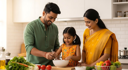 A happy Indian family is cooking together in their modern kitchen. The father and daughter are mixing ingredients in a bowl, while the mother looks on, smiling. They are surrounded by fresh vegetables.の素材