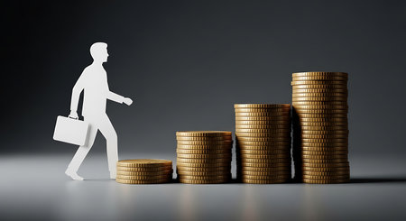 A paper cutout of a businessman with a briefcase climbs stacks of gold coins, symbolizing financial growth and career success. The image represents investment, savings, and the pursuit of wealth.の素材