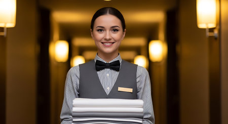 A smiling hotel maid in uniform stands in a warmly lit hallway, holding a stack of fresh linens. She exudes professionalism and hospitality.の素材