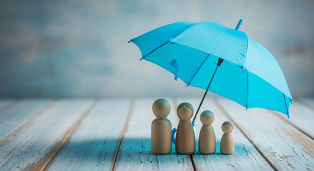 Wooden family figures stand under a bright blue umbrella on a distressed white wooden surface. The background is a soft, blurred blue. The scene evokes feelings of protection and security.の素材
