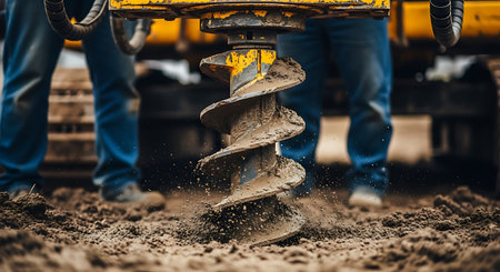 A close-up shows a yellow auger drilling into brown earth. Two workers wearing jeans and boots stand nearby. The machine is heavy and industrial.の素材