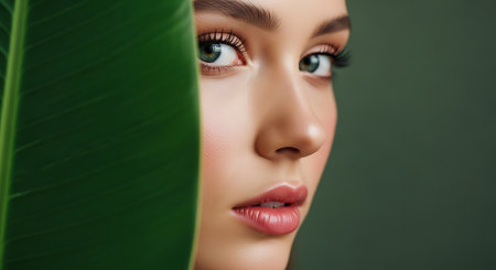 Close up portrait of a woman with green eyes looking at the camera. A large green leaf partially covers her face. The background is a dark green color.の素材