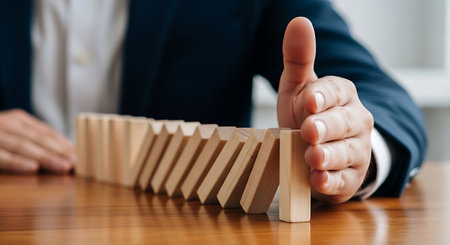 A businessman in a suit stops a chain reaction of falling dominoes, symbolizing risk management and preventing negative consequences.の素材