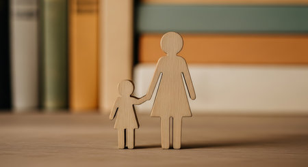 Wooden figures of a mother and child holding hands stand on a surface with a blurred background of books. The figures are simple cutouts in a light beige color.の素材