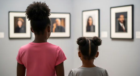Two young girls stand in front of a gray wall viewing framed portraits in an art gallery. The girl on the left wears a pink shirt and has an afro. The girl on the right wears a gray shirt and has her hair in buns.の素材