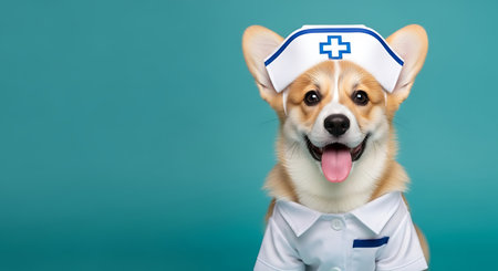 A smiling corgi dog wears a white nurse uniform and hat with a blue cross on a teal background. The dog's tongue is visible, and it appears happy.の素材