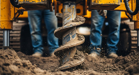 A yellow drilling rig with a spiral auger is boring into brown earth. Two workers in blue jeans stand behind the machinery. The auger is covered in mud and dirt.の素材