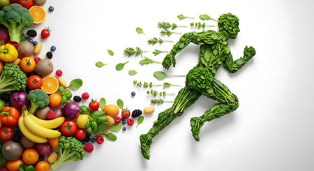 A running figure is composed of green herbs and vegetables. The figure is running from a pile of fruits and vegetables on a white background.の素材