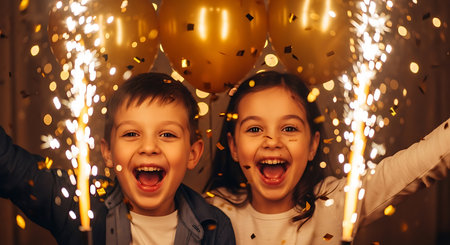 Two excited children, a boy and a girl, celebrate with sparklers and gold balloons. Confetti falls around them as they laugh with joy.の素材