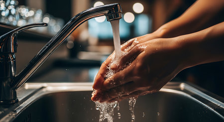 Hands are being washed under a chrome faucet with water flowing into a stainless steel sink. Droplets of water are visible. The background is blurred.の素材