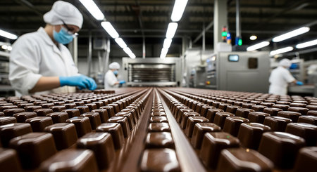Rows of brown chocolate candy pieces move along a conveyor belt in a food factory. Workers in white uniforms, masks, and blue gloves are visible, overseeing the automated production process.の素材