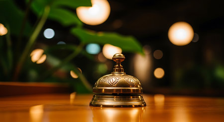 A golden service bell sits on a polished wooden counter. In the background, blurred bokeh lights and green leaves create a soft, out-of-focus backdrop.の素材