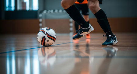 Futsal player dribbling a white and orange soccer ball on a polished wood floor. The player wears black socks and athletic shoes. A blue line is visible on the floor. Reflections of the players and ball are visible.の素材