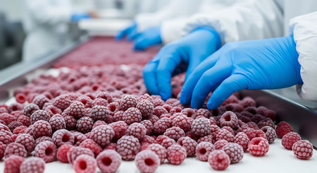 Workers in white suits and blue gloves are sorting frozen raspberries on a conveyor belt in a food processing factory.の素材