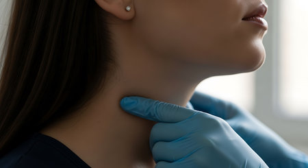 A doctor in blue gloves examines a female patient's neck in a clinic setting. The close-up shot focuses on the neck area as the doctor palpates for abnormalities during a thyroid check.の素材