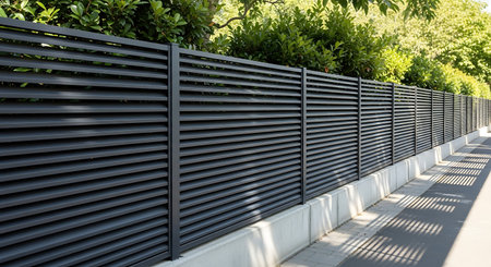 A gray horizontal slat fence runs along a sidewalk with green foliage in the background. The fence is made of metal or aluminum and provides privacy and security.の素材