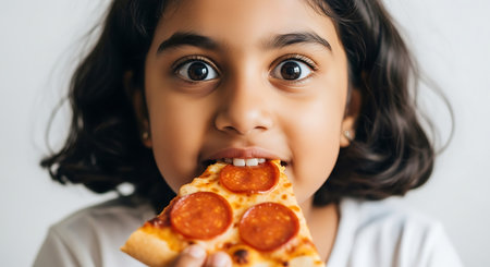 Close-up of a young girl with dark hair biting into a slice of pepperoni pizza. The pizza has a golden crust and red pepperoni. The girl's eyes are wide and expressive against a white background.の素材