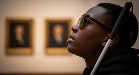 Woman showing young woman with cane and glasses looking up in art gallery. High resolution image suitable for commercial use. Clear details and vibrant colors enhance visual appeal.の素材