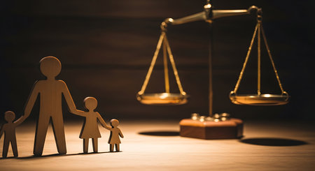 Wooden family figures stand next to golden scales of justice on a wooden surface. The scales are slightly out of focus. The background is dark.の素材