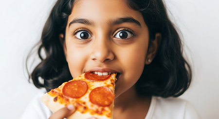 A young girl with dark hair bites into a slice of pepperoni pizza. The pizza slice is held close to her face against a plain white background.の素材
