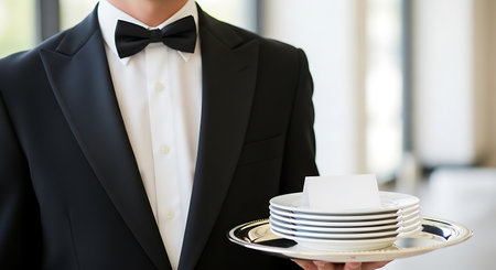 A waiter in a black tuxedo and bow tie holds a silver tray with a stack of white plates and blank cards. The background is blurred.の素材